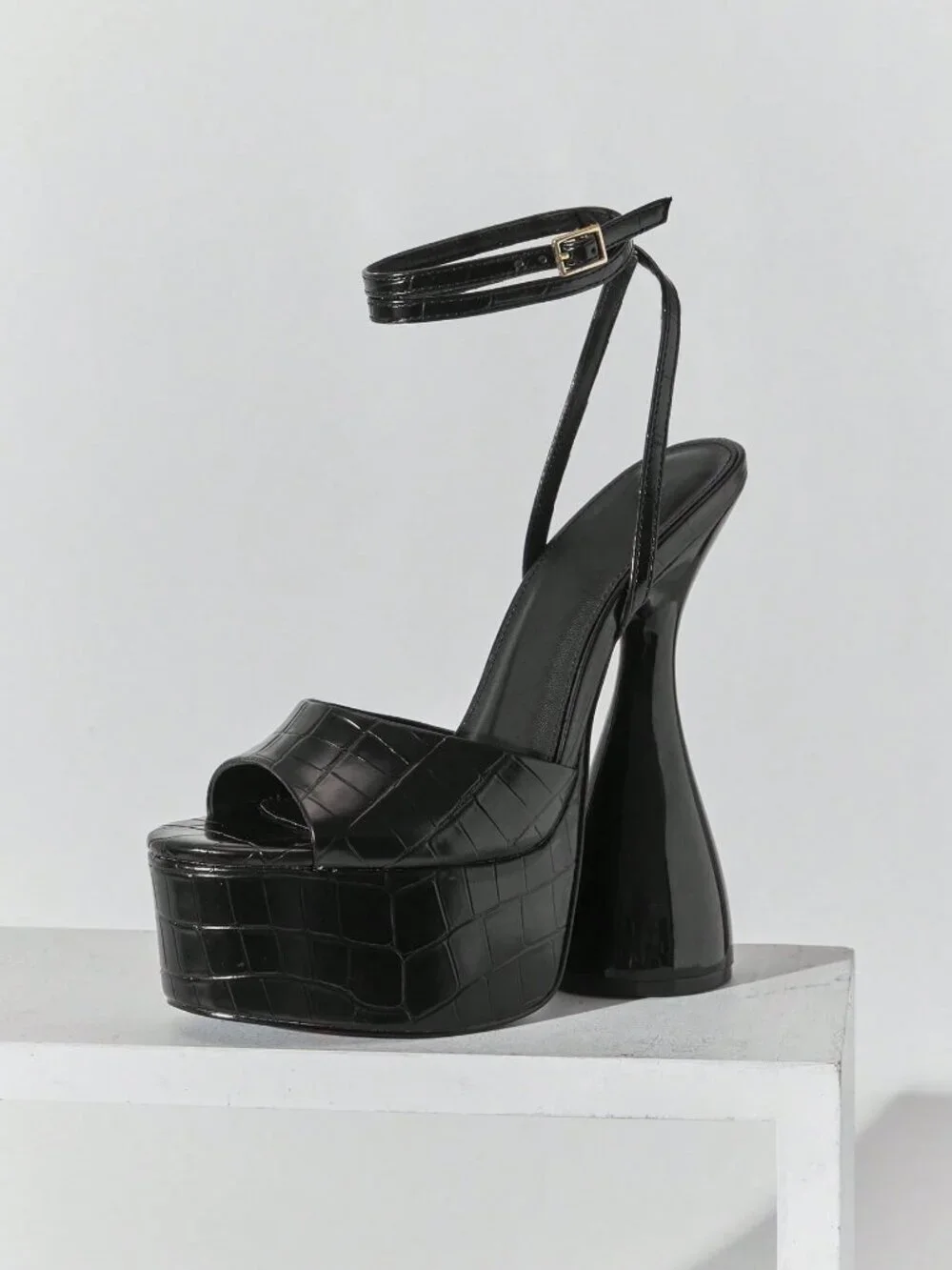 Black Casual Women's Crocodile Peep Toe Platform Easter Prom Wedding Heels